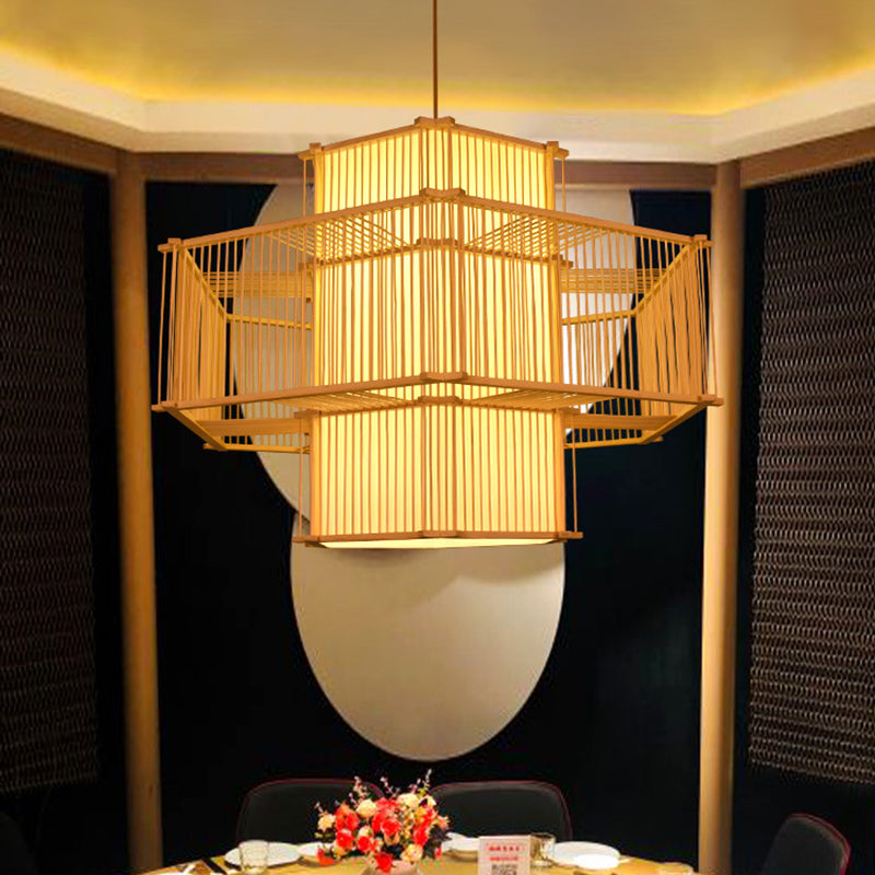 Bamboo Asia Pendant Light 1-Light Beige Hanging Ceiling Light for Tea Room
