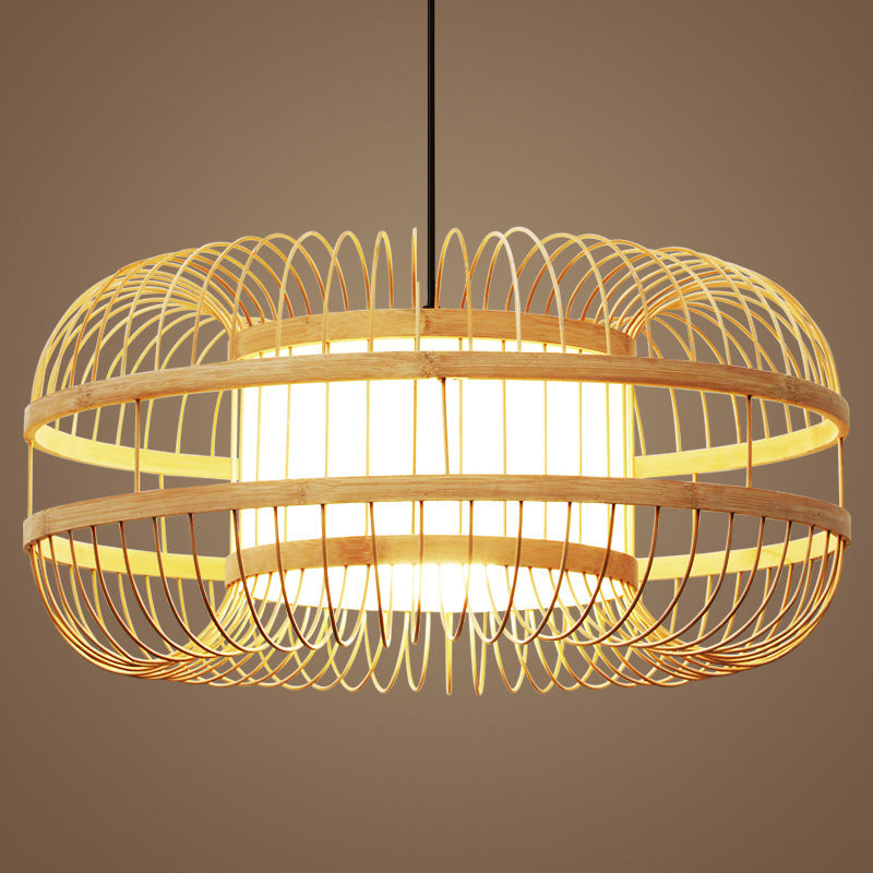 Beige 1-Light Japanese Hanging Lamp Kit Lantern Silk Pendant for Dining Room