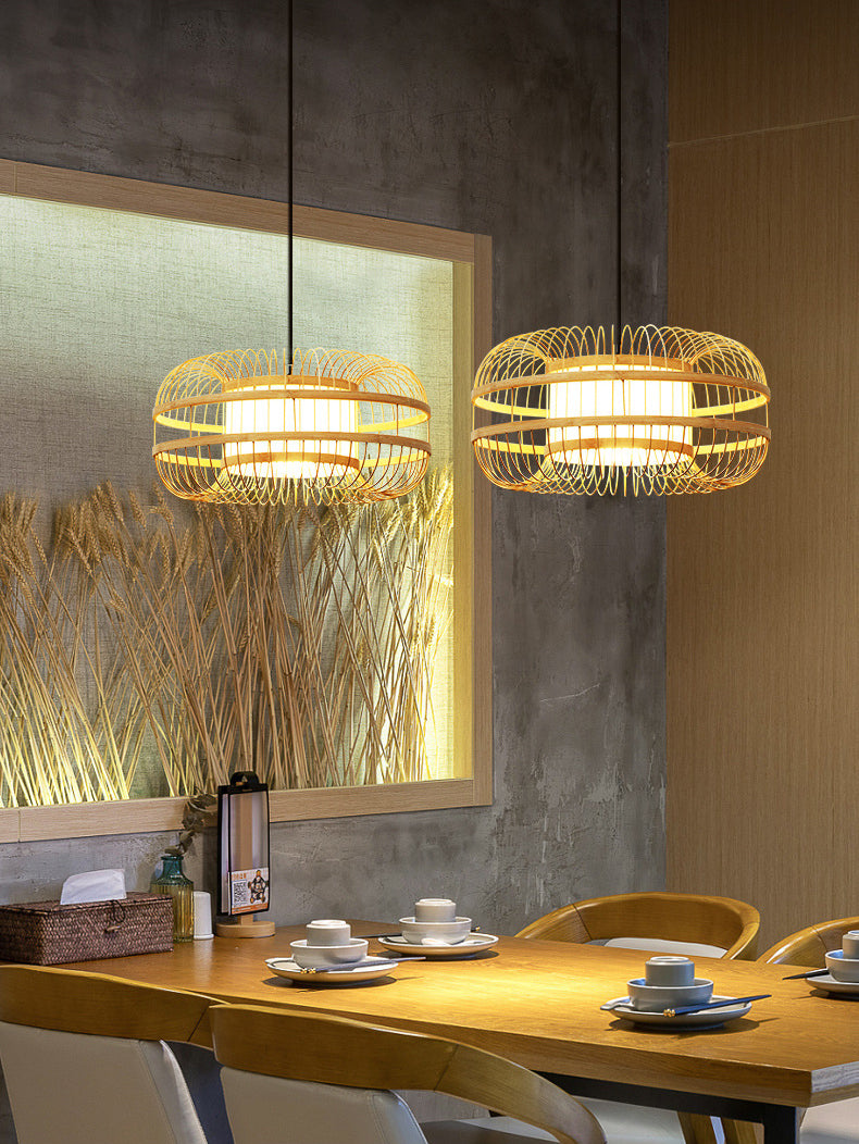 Beige 1-Light Japanese Hanging Lamp Kit Lantern Silk Pendant for Dining Room