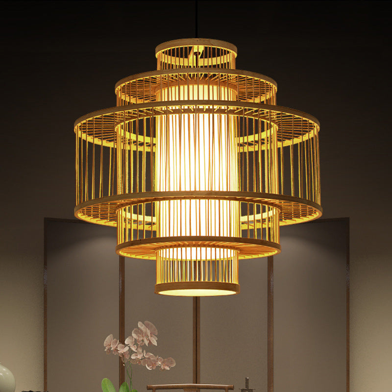1-Light Bamboo Suspended Lighting Fixture Chinese Pendant Light Kit for Dining Room