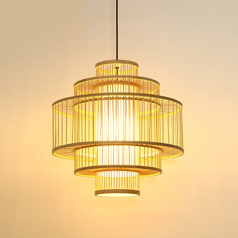 1-Light Bamboo Suspended Lighting Fixture Chinese Pendant Light Kit for Dining Room