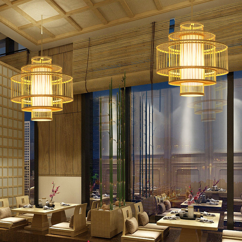 1-Light Bamboo Suspended Lighting Fixture Chinese Pendant Light Kit for Dining Room