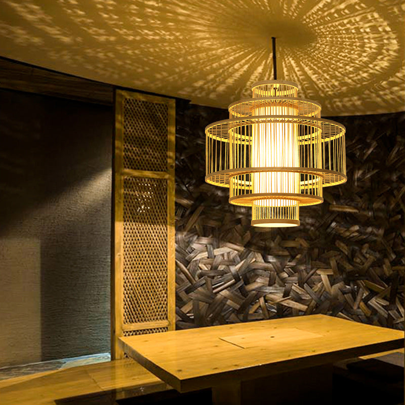 1-Light Bamboo Suspended Lighting Fixture Chinese Pendant Light Kit for Dining Room