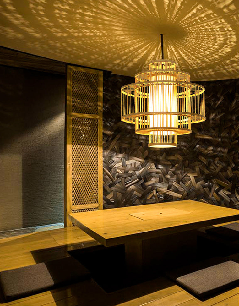 1-Light Bamboo Suspended Lighting Fixture Chinese Pendant Light Kit for Dining Room