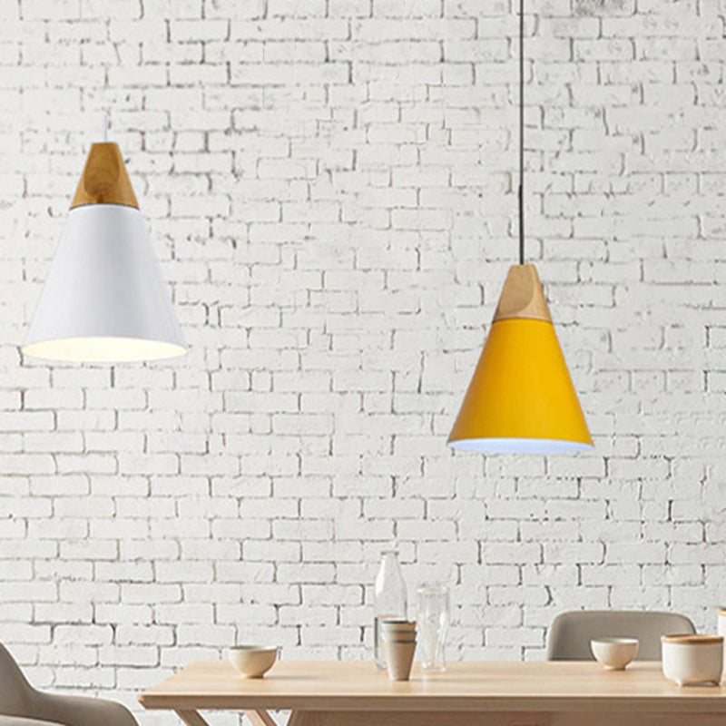 Nordic Simple Style Pendant Light, Macaron Color Conical Shade Hanging Light with Wooden Top