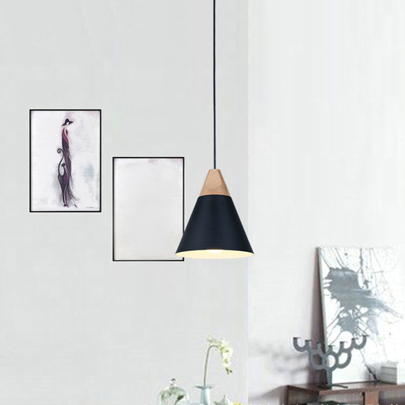 Nordic Simple Style Pendant Light, Macaron Color Conical Shade Hanging Light with Wooden Top