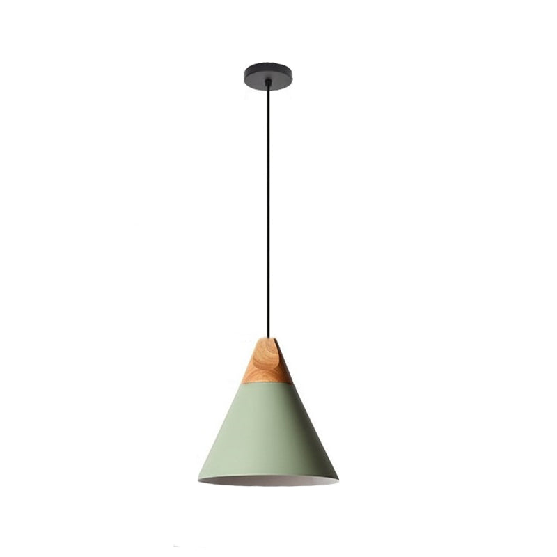 Nordic Simple Style Pendant Light, Macaron Color Conical Shade Hanging Light with Wooden Top
