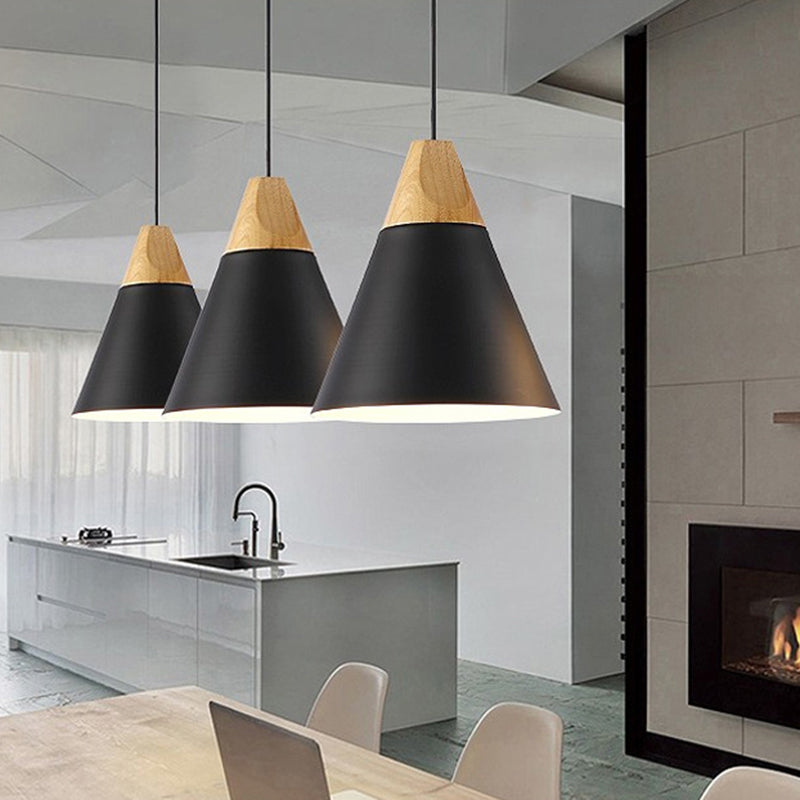 Nordic Simple Style Pendant Light, Macaron Color Conical Shade Hanging Light with Wooden Top
