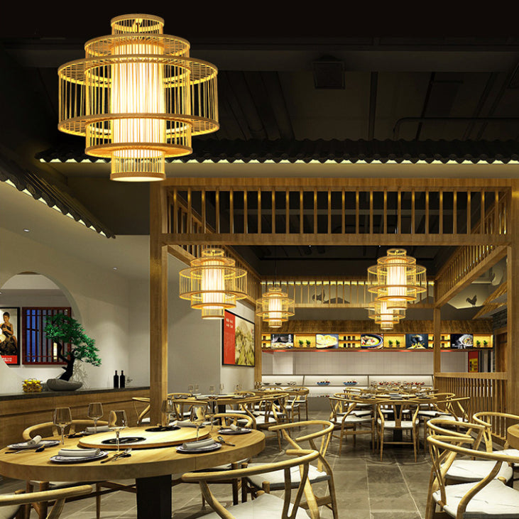 1-Light Bamboo Suspended Lighting Fixture Chinese Pendant Light Kit for Dining Room