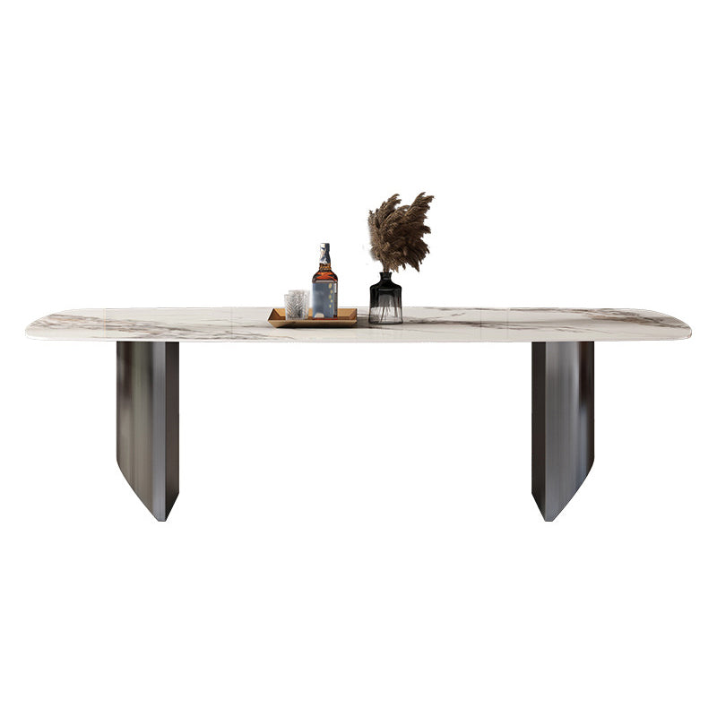 Minimalist Style Sintered Stone Dining Set with White Fixed Table and Black Double Pedestal Base