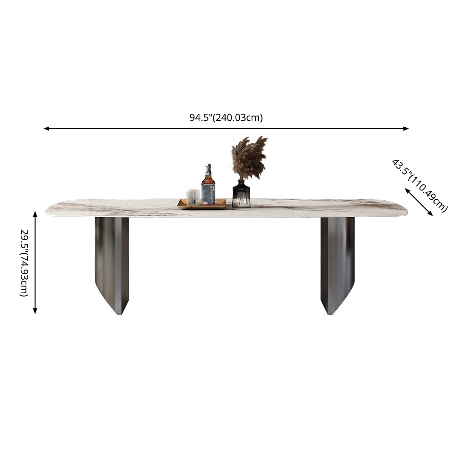 Minimalist Style Sintered Stone Dining Set with White Fixed Table and Black Double Pedestal Base