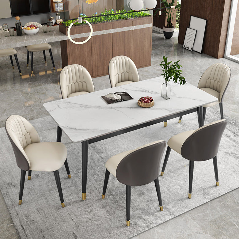 Contemporary Style Sintered Stone Dining Set with White Table and 4 Black Legs Base
