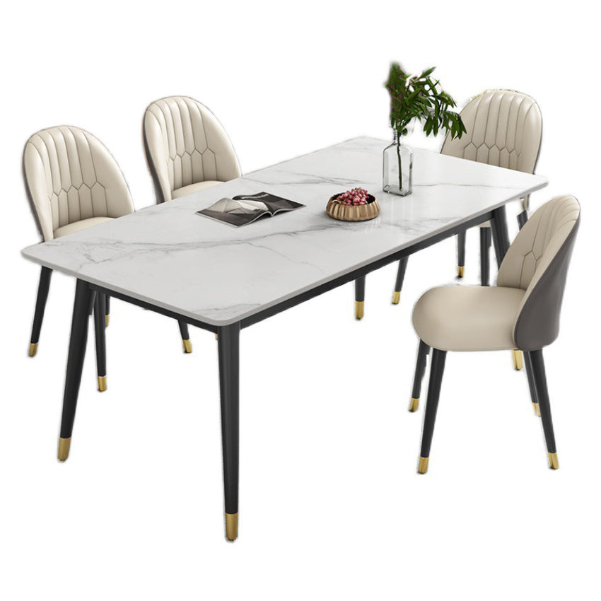 Contemporary Style Sintered Stone Dining Set with White Table and 4 Black Legs Base