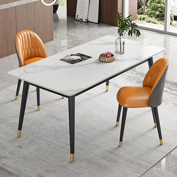 Contemporary Style Sintered Stone Dining Set with White Table and 4 Black Legs Base