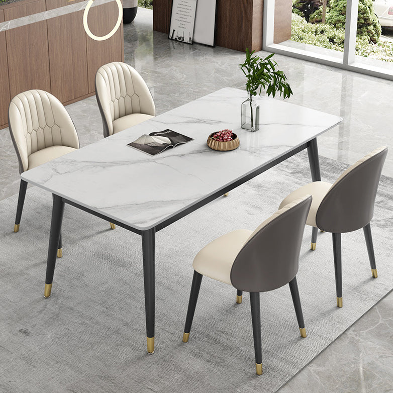 Contemporary Style Sintered Stone Dining Set with White Table and 4 Black Legs Base