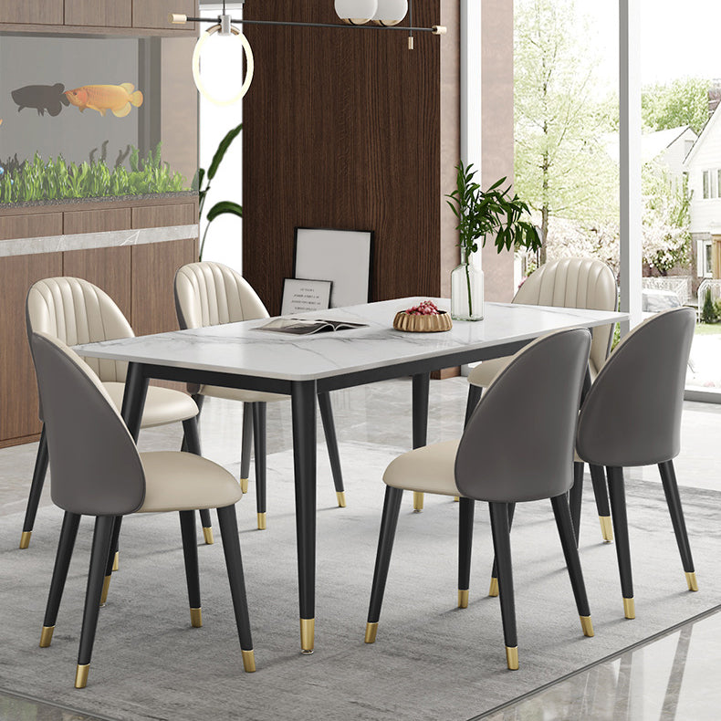 Contemporary Style Sintered Stone Dining Set with White Table and 4 Black Legs Base