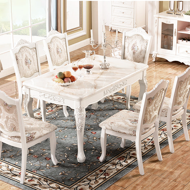 Victorian Style Marble Dining Set with White Rectangle Shape Table and 4 Legs Base for Home Use