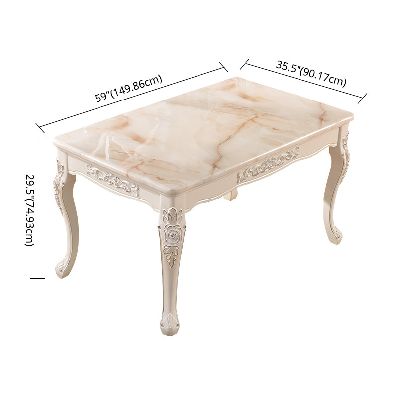 Victorian Style Marble Dining Set with White Rectangle Shape Table and 4 Legs Base for Home Use