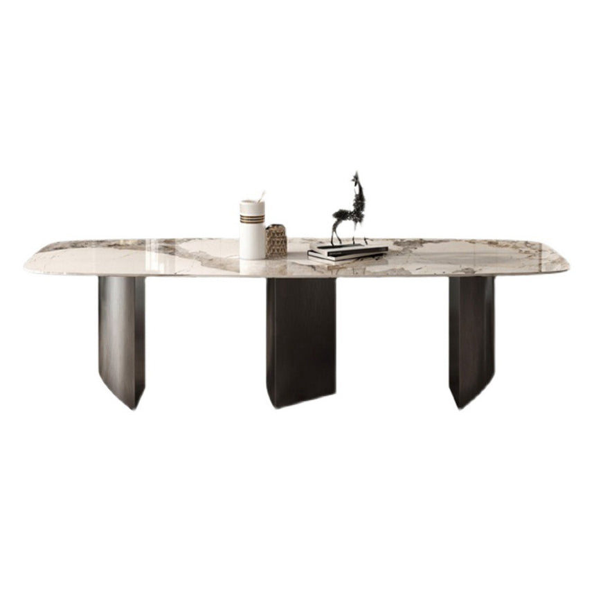 Set da pranzo in pietra sinterizzato in stile minimalista con tavolo fisso bianco e doppia base di piedistallo grigio