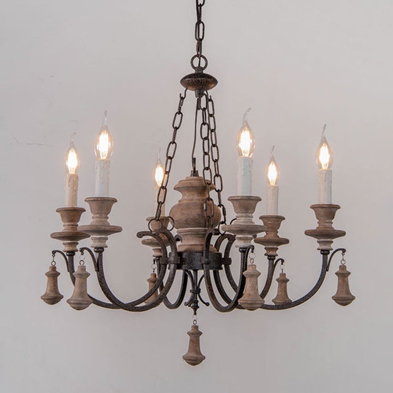 Wooden Brown Chandelier Candle Style 6-Light French Country Suspension Light