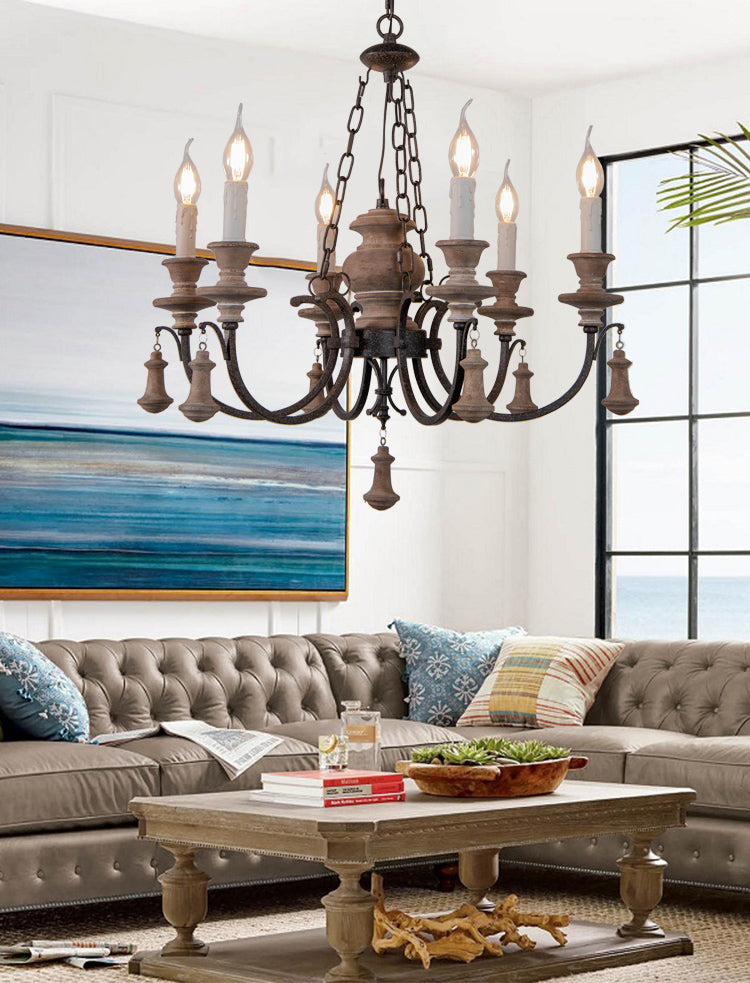 Wooden Brown Chandelier Candle Style 6-Light French Country Suspension Light
