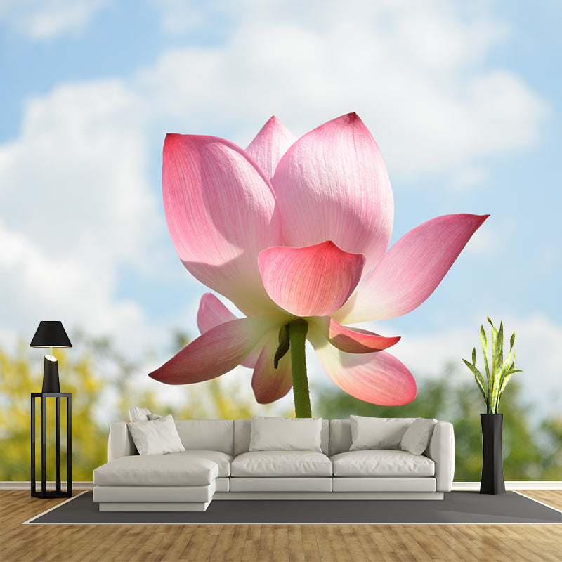 Pink Lotus Blossoming Moisture Resistant Wall Covering for Girls' Bedroom