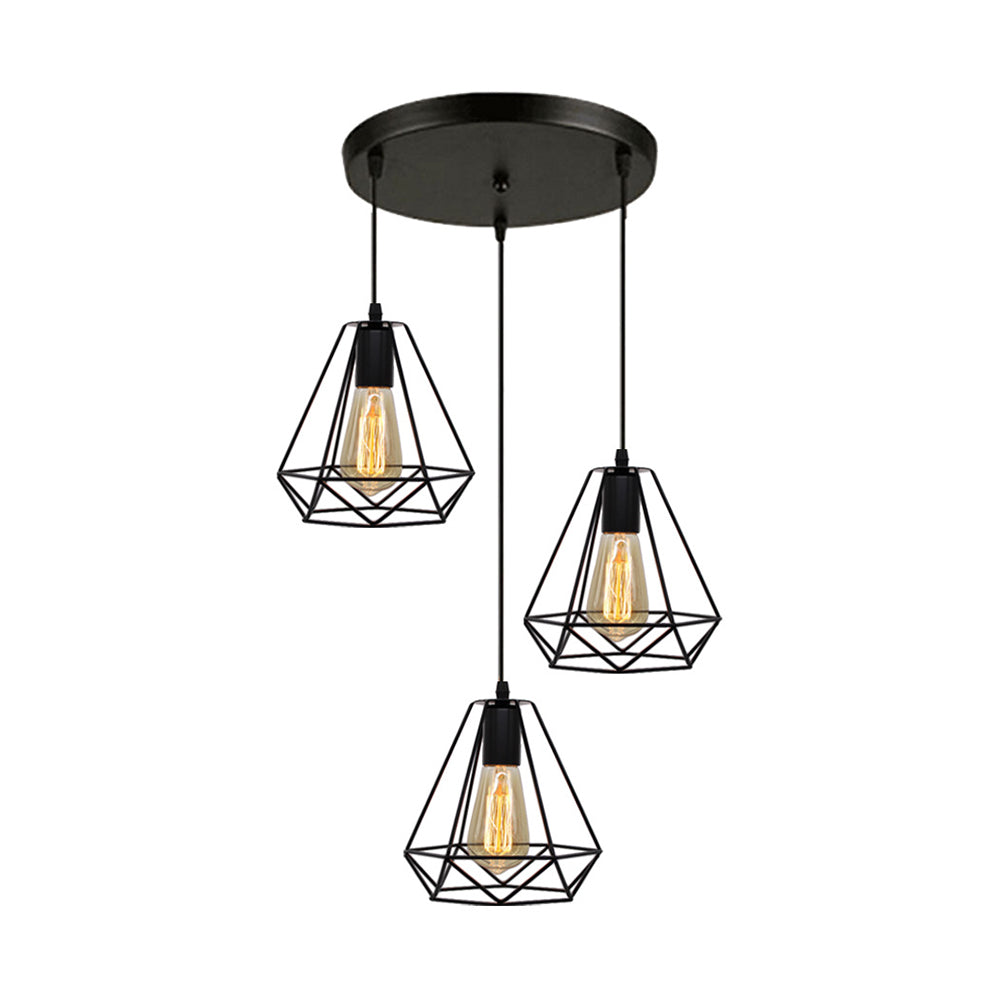 Metal Teardrop Cage Hanging Lighting Vintage Industrial 3 Lights Living Room Pendant Light in Black
