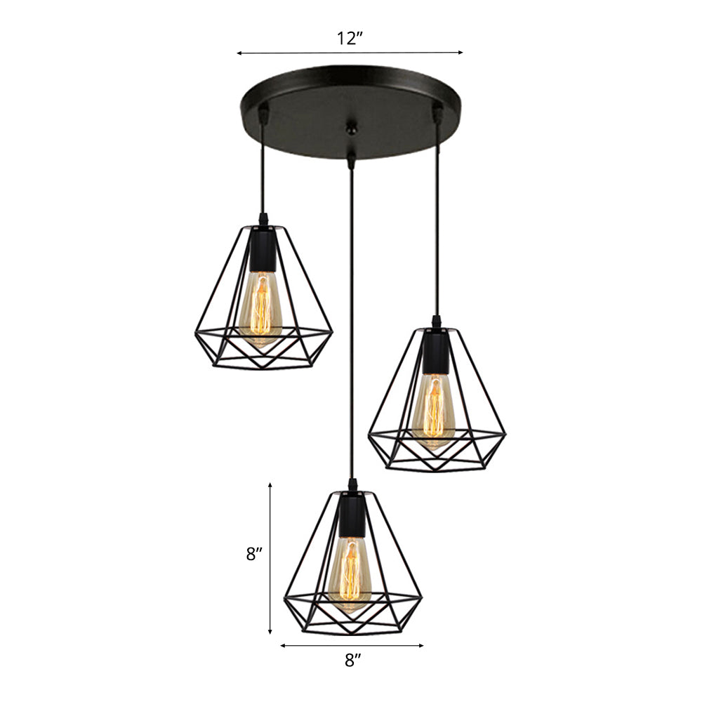 Metal Teardrop Cage Hanging Lighting Vintage Industrial 3 Lights Living Room Pendant Light in Black