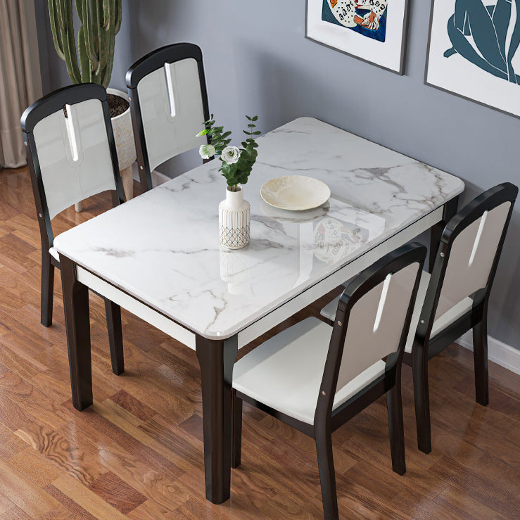 Traditional Style Marble Dining Set with White Fixed Table and 4 Black Legs Base