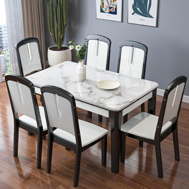 Traditional Style Marble Dining Set with White Fixed Table and 4 Black Legs Base