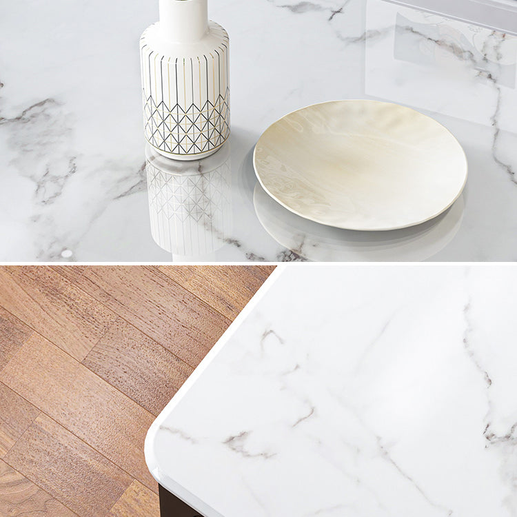 Traditional Style Marble Dining Set with White Fixed Table and 4 Black Legs Base