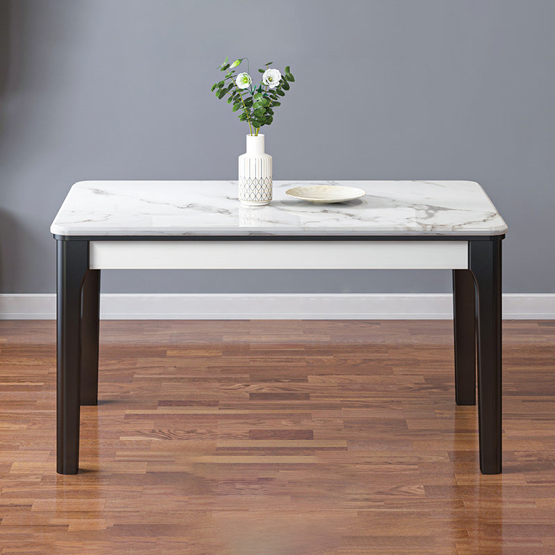 Traditional Style Marble Dining Set with White Fixed Table and 4 Black Legs Base