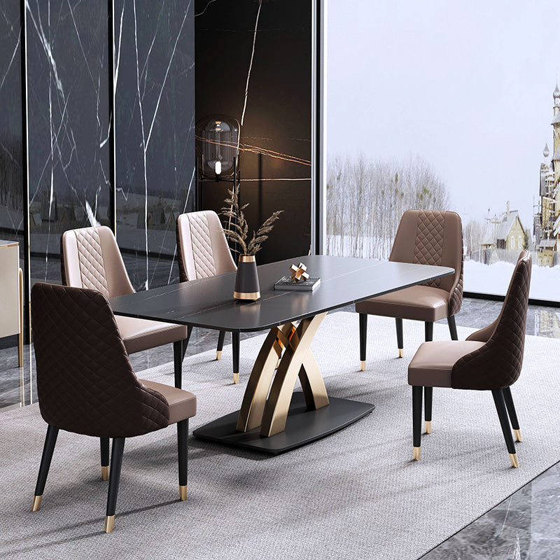 Minimalistischer Esszimmer Set rechteckig gesinterte Stein Esstisch mit Metallbasis