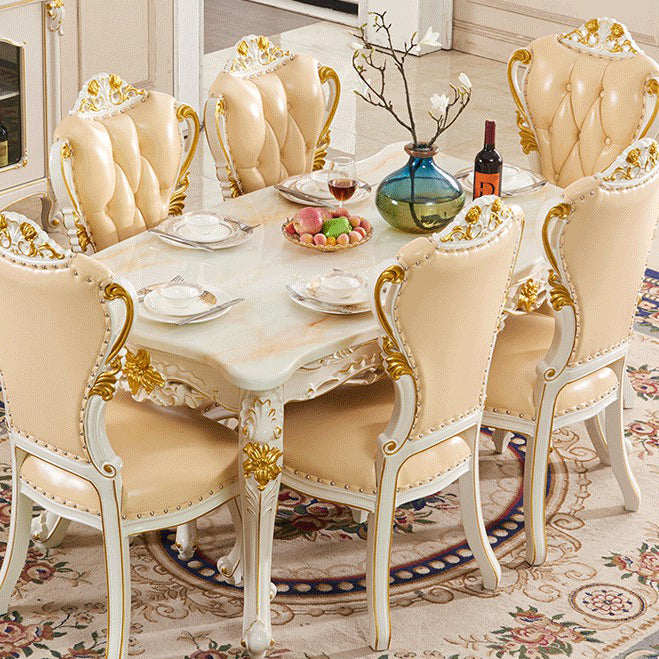 Juego de mesa de mármol victoriano de 5/7 con mesa rectángica de comedor con cávidos con sillas de cuero