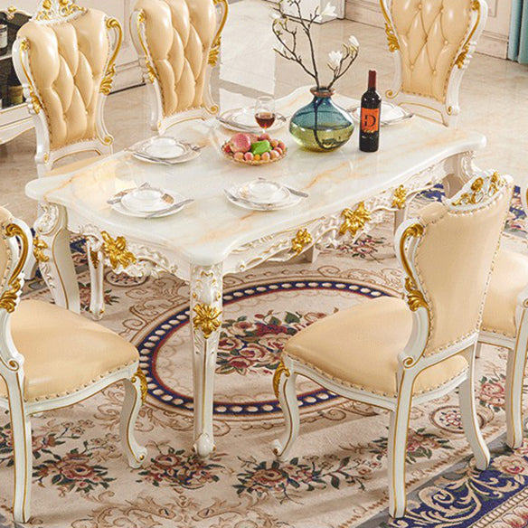 Juego de mesa de mármol victoriano de 5/7 con mesa rectángica de comedor con cávidos con sillas de cuero