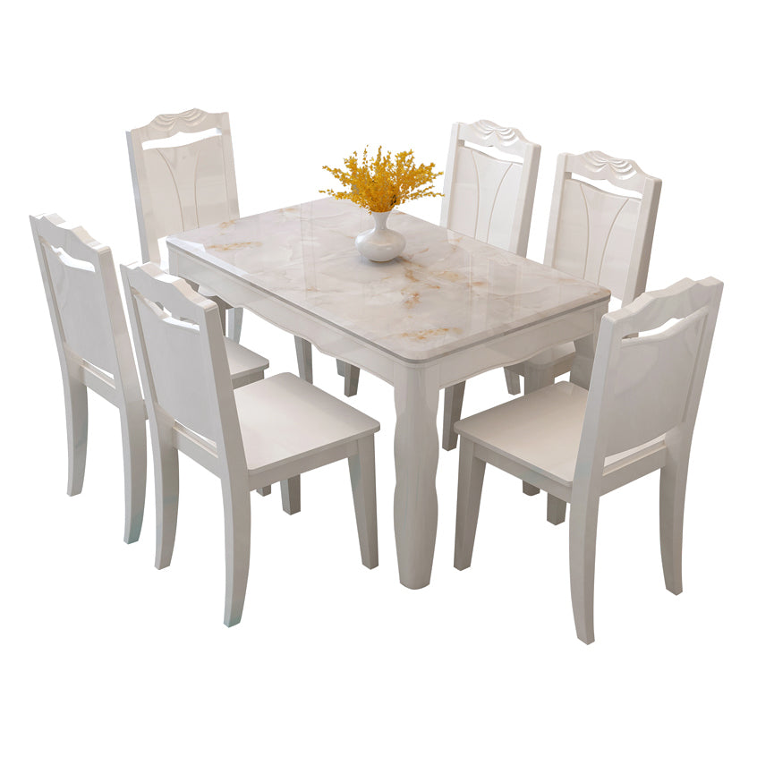 Set da pranzo in marmo in stile contemporaneo con tavolo fisso bianco e base a 4 gambe