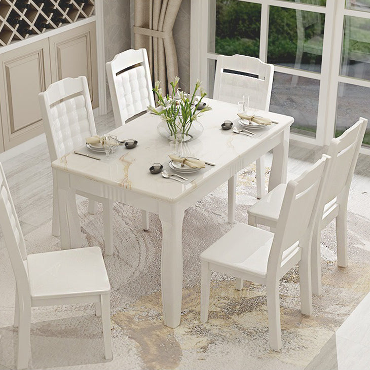 Set da pranzo in marmo in stile contemporaneo con tavolo fisso bianco e base a 4 gambe per uso domestico