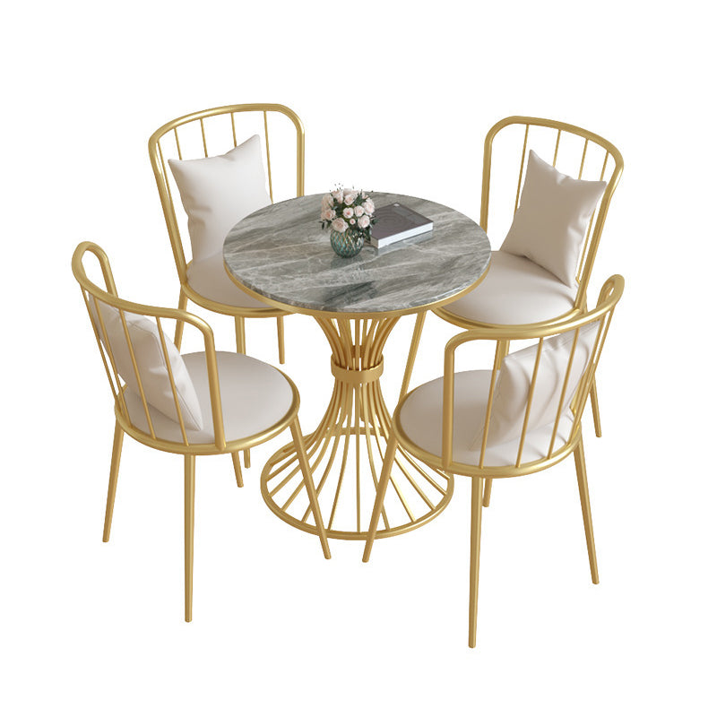 Juego de comedor de cocina glamorosa con top de piedra sinterizado y muebles de comedor de base de metal