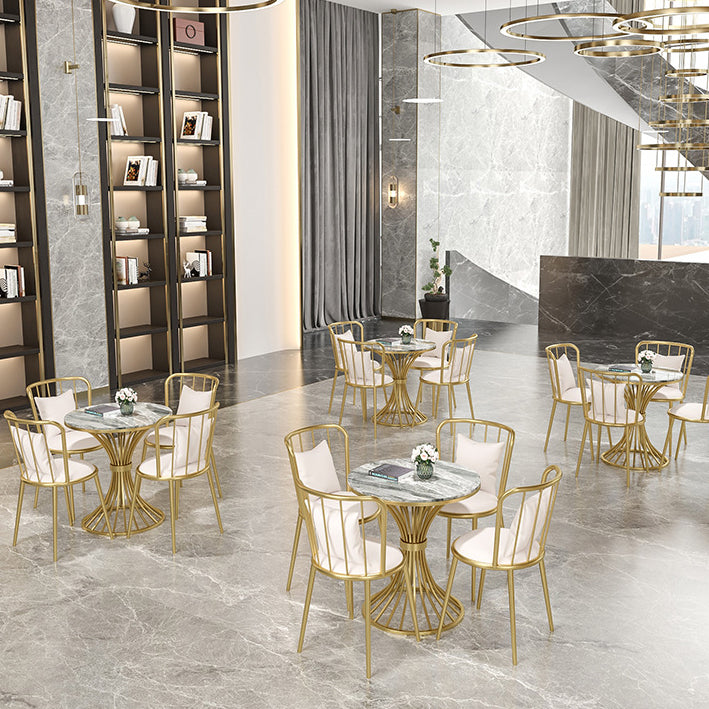 Juego de comedor de cocina glamorosa con top de piedra sinterizado y muebles de comedor de base de metal