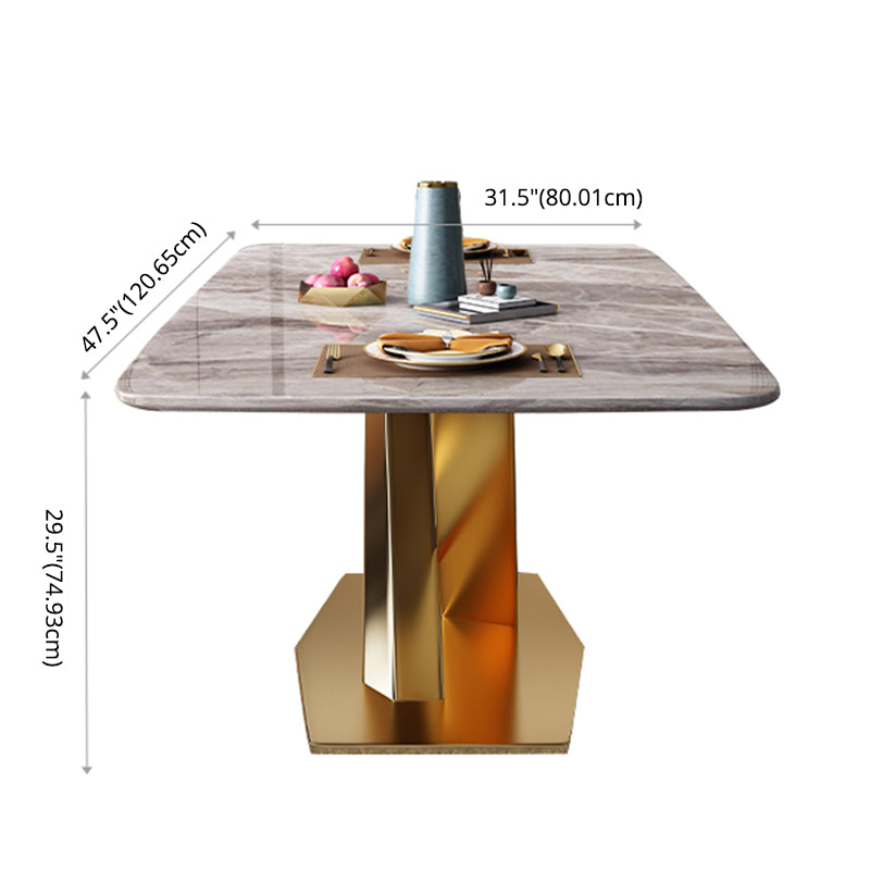 Mesa de comedor de piedra sinterizada de estilo moderno con mesa fija de altura estándar y base de caballete de oro