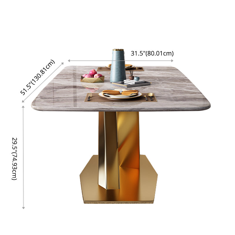 Mesa de comedor de piedra sinterizada de estilo moderno con mesa fija de altura estándar y base de caballete de oro