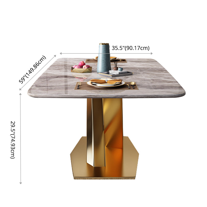 Mesa de comedor de piedra sinterizada de estilo moderno con mesa fija de altura estándar y base de caballete de oro