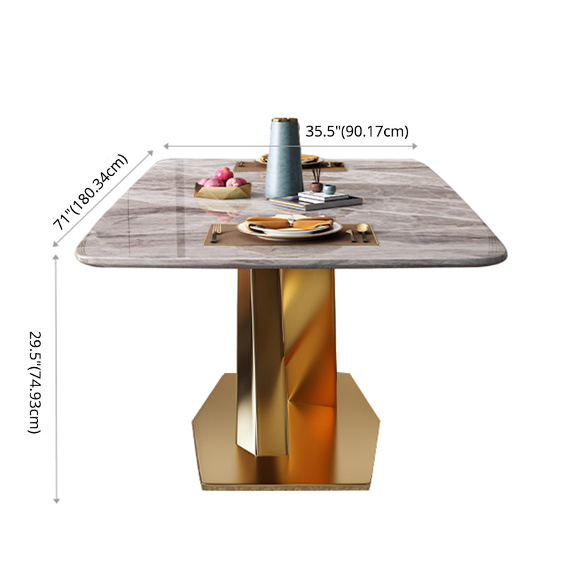 Mesa de comedor de piedra sinterizada de estilo moderno con mesa fija de altura estándar y base de caballete de oro