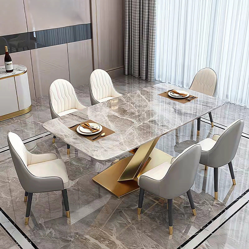 Modern Sintered Stone Rectangle Dining Room Table with Microfiber Leather Chairs for Home