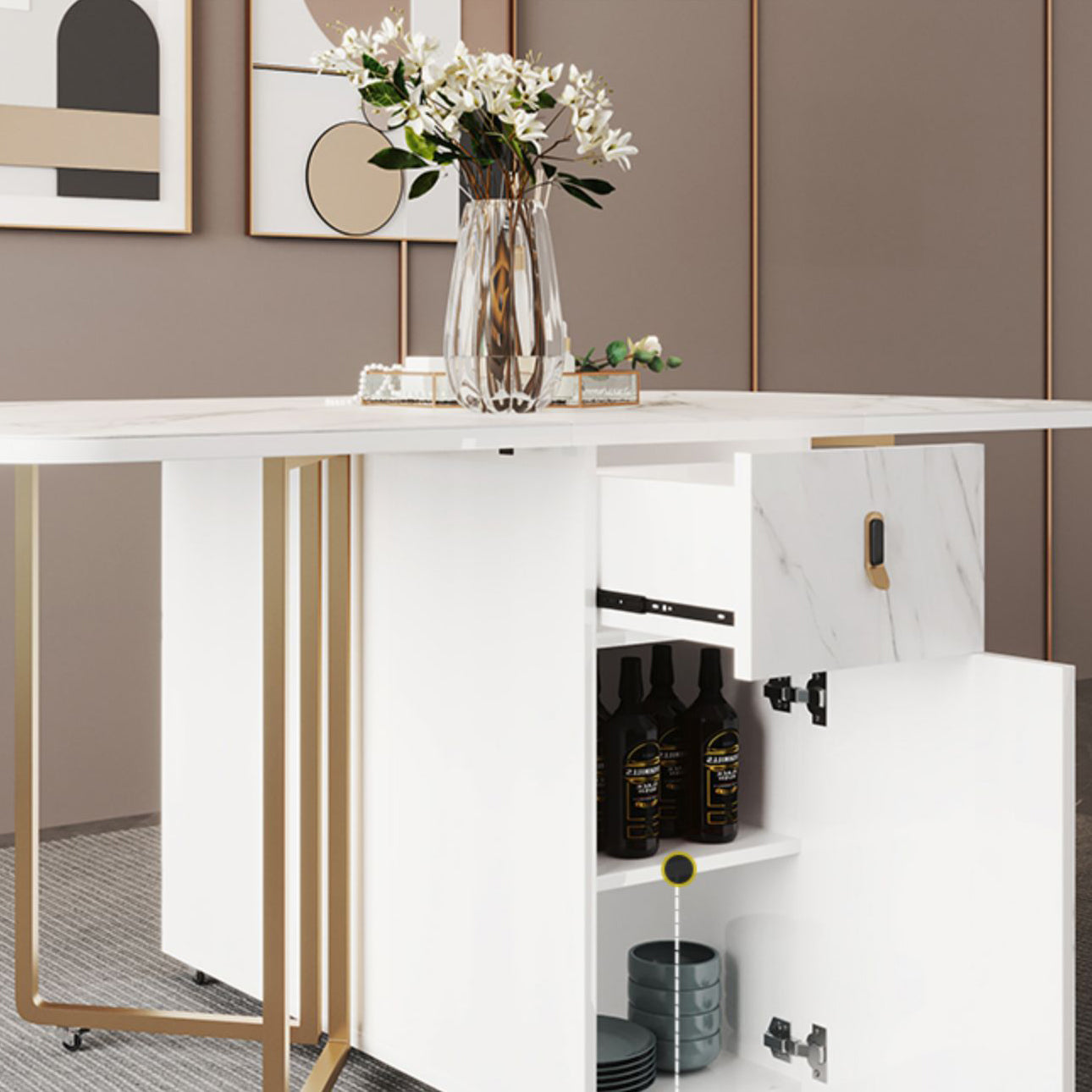 Modern Foldable Dining Room Set Standard Height with Gold Base Dining Furniture