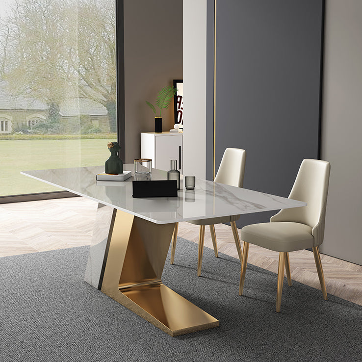 Modern Sintered Stone Table Set of 5 with Rectangle Table Dining Set with White PU Leather Chairs