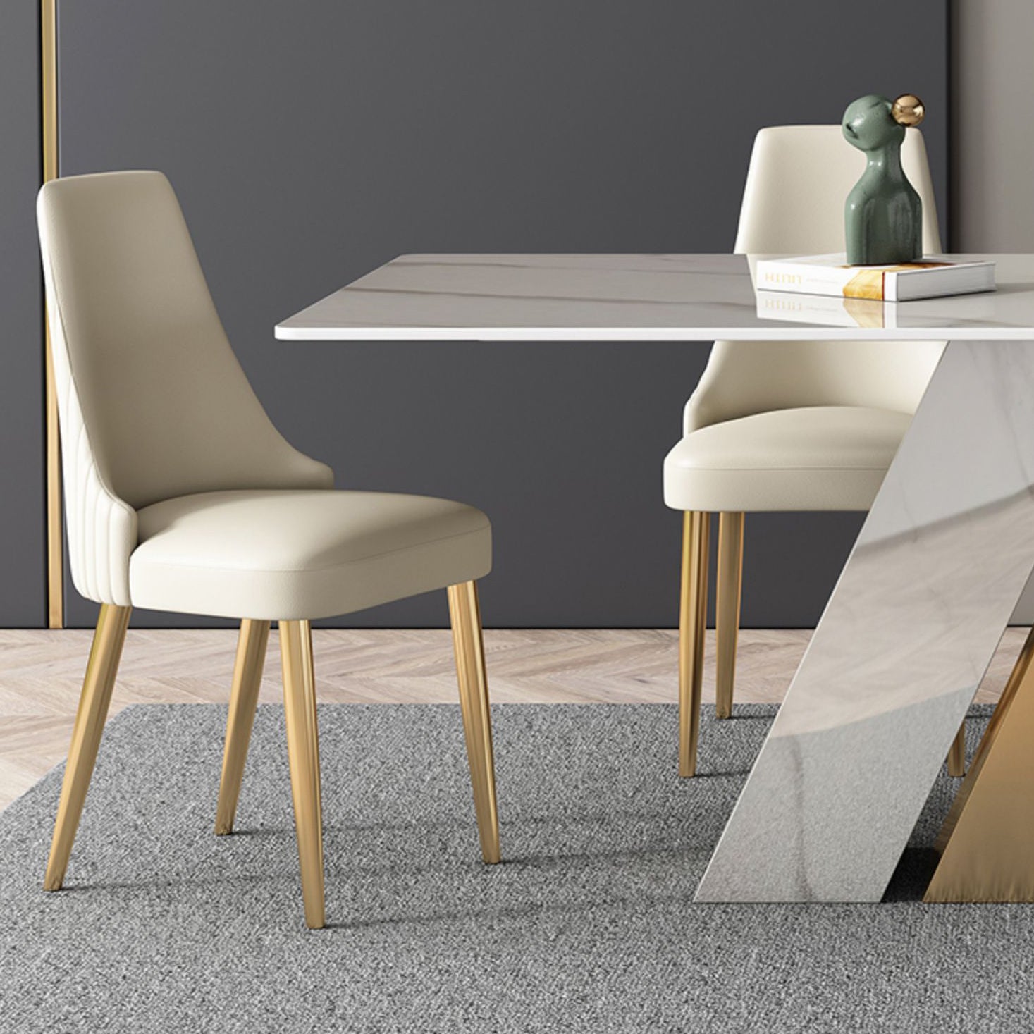 Modern Sintered Stone Table Set of 5 with Rectangle Table Dining Set with White PU Leather Chairs