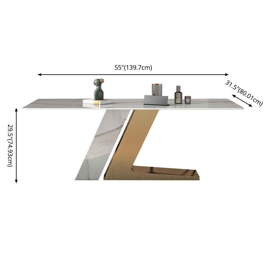 Modern Sintered Stone Table Set of 5 with Rectangle Table Dining Set with White PU Leather Chairs