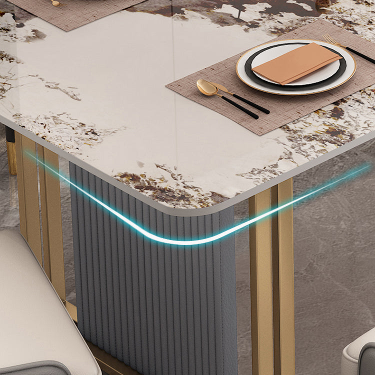 Modern Sintered Stone Table Set for 4/6 with Rectangle Table Dining Set with Gold Double Pedestal