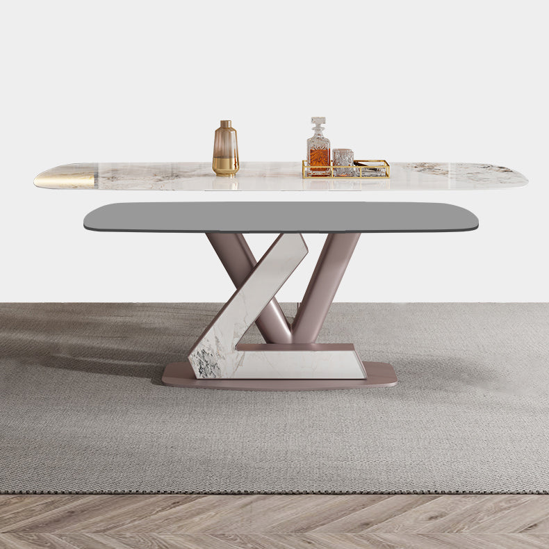 Juego de comedor Mesa de piedra sinterizada moderna con rectángulo de base de pedestal juego de comidas para restaurante
